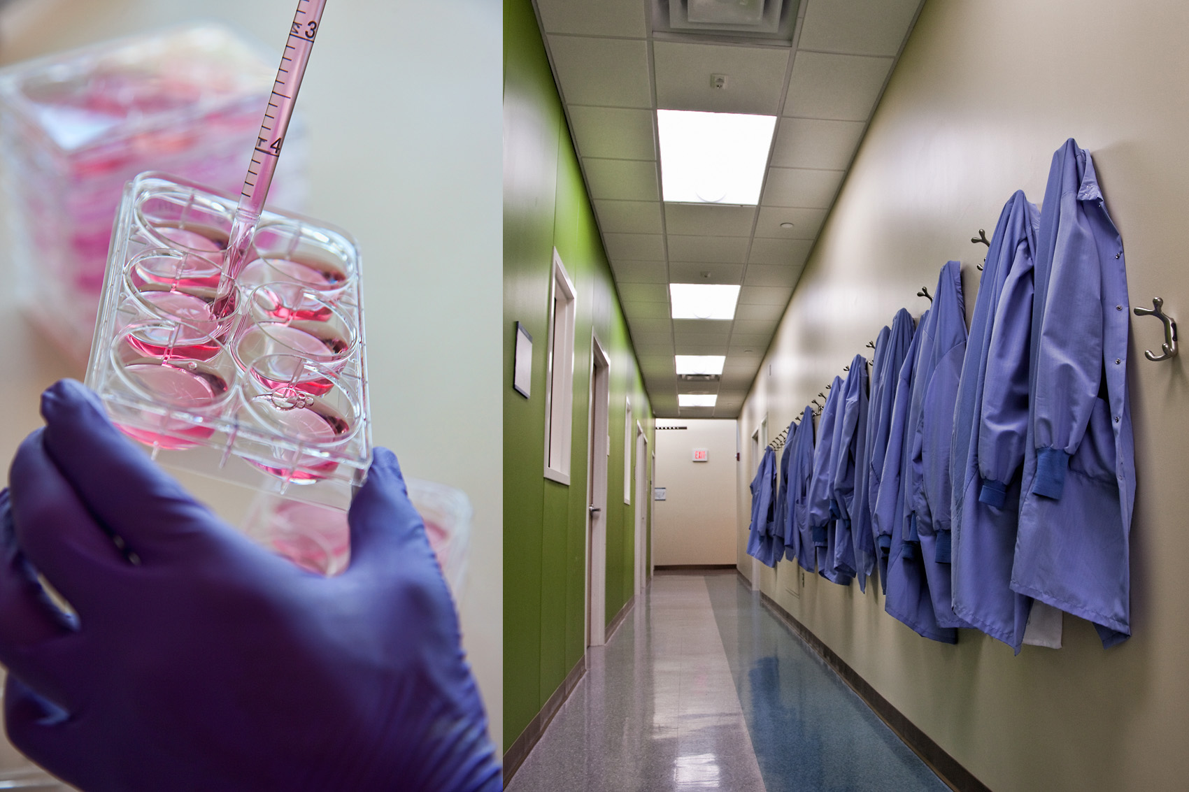 lab coats hanging in a hallway, colorful lab beakers.