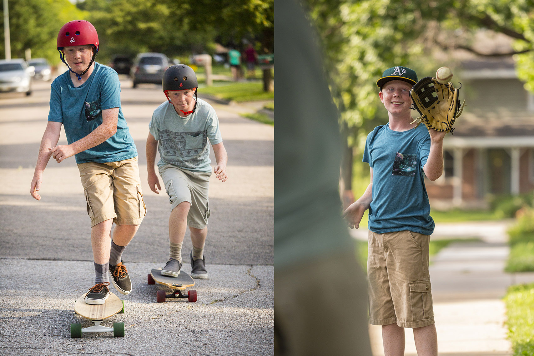 boys playing catch in the street in the summer  by Scott Dobry Pictures photographer in Omaha, Nebraska